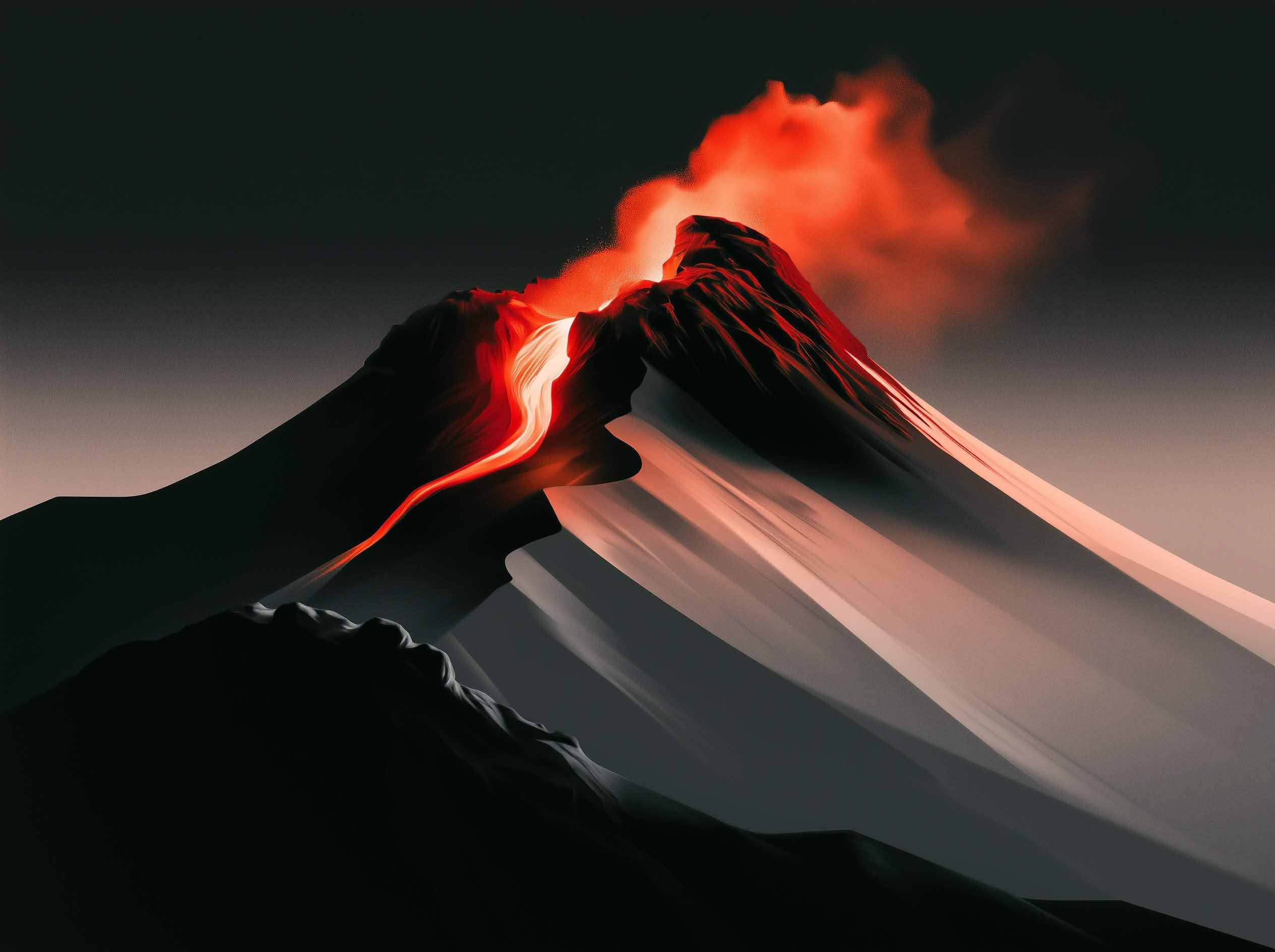 An abstract Mount Vesuvius rendered in black, white, and lava red